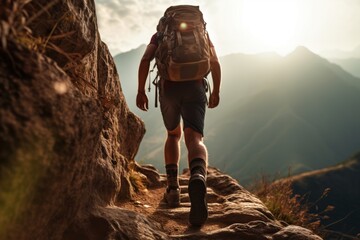 A close up of a hiker conquering a steep and treacherous trail - obrazy, fototapety, plakaty