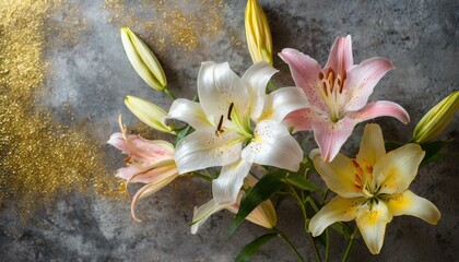 White lilies on an old concrete wall with gold elements