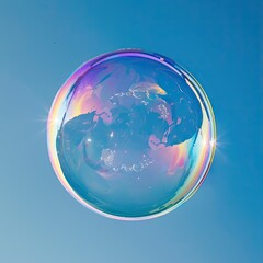 A large iridescent soap bubble floats in mid-air against a clear blue sky.
