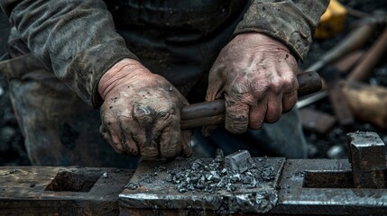 A closeup of a blacksmiths hands calloused and worn from pounding and shaping metal into exquisite works of art. . - obrazy, fototapety, plakaty