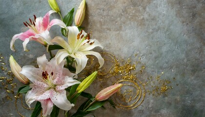 White lilies on an old concrete wall with gold elements