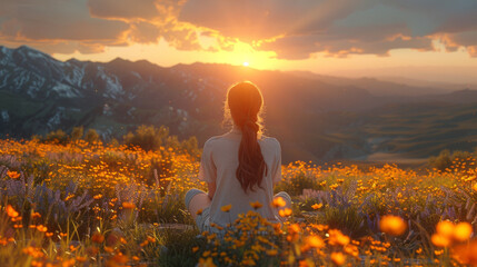 Woman sits with her back in the field and admires the sunset in the mountains.
