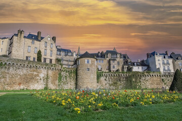 Vannes, beautiful city in Brittany, old half-timbered houses in the ramparts garden. - 782707584