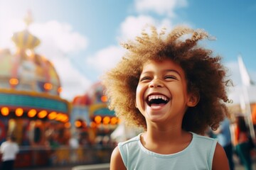 A joyful child with a big smile at a theme park