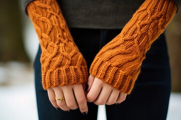 A knitted fingerless gloves in a cable knit pattern