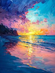Colorful abstract painting of a paradise beach with sunset, summer palette knife oil style, on a lively background, with dramatic lighting and vivid accents
