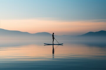 A paddleboarder gliding on calm waters at dawn