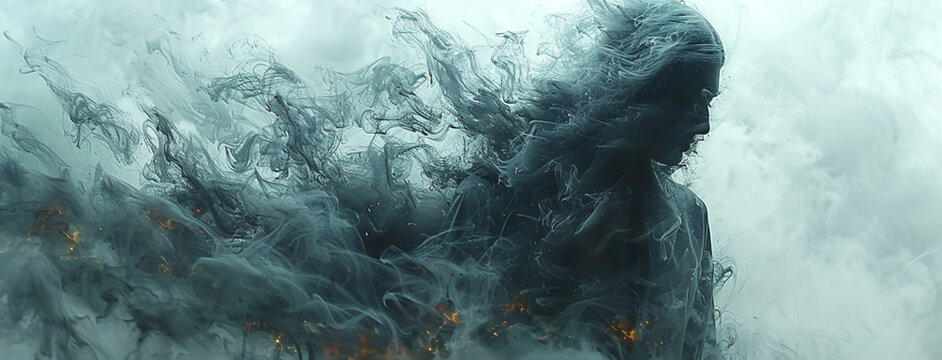 digital illustration drawing of evanescent human shape, an invisible ghost man coming out if smoke in white background