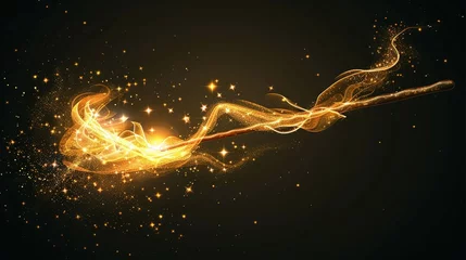 Foto op Plexiglas a magic wand with golden swirls and light effects on a dark background. Vector design element © ruslee