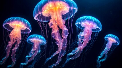 Translucent jellyfish floating in the darkness of the ocean 