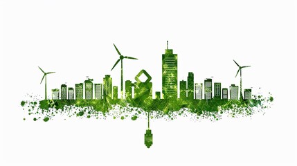 Ecofriendly energy and sustainable development concepts for Earth Day, A Green city illustration in the style of a vector hand on a white background - obrazy, fototapety, plakaty