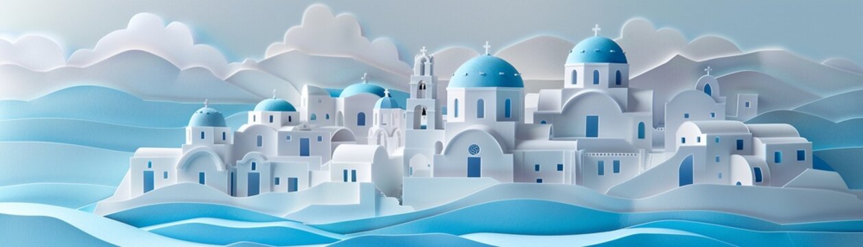 Design a paper cut scene of the idyllic Greek island of Santorini, with its white buildings and blue domes