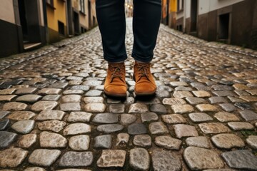 A traveler's feet on a charming cobblestone street