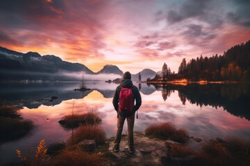 A wanderer capturing the beauty of a tranquil lake at sunset, sharing wanderlust