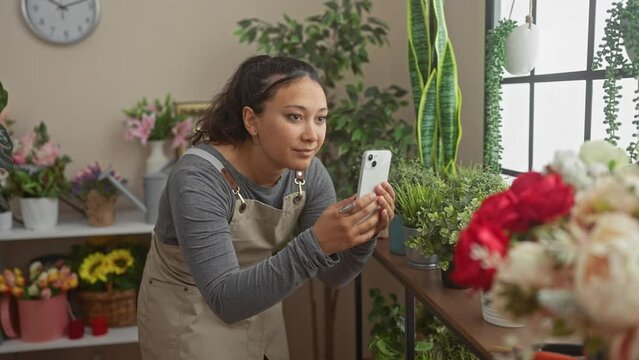 Hispanic woman photographing plants with a smartphone in a flower shop