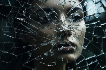 Woman's face through a broken glass window