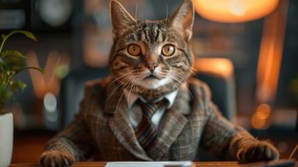 A cute cat in a smart business suit sits confidently at an executive's desk in a luxurious office. A cat in a stylish CEO outfit sits in an executive's office.