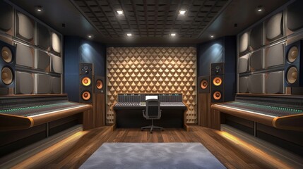 The soundisolating Studio chic panels line the walls of the recording studio framing the professional mixing board and stateoftheart sound equipment. The subtle texture of the panels .