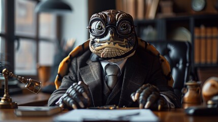 A turtle in a business suit sits confidently at an executive desk in a luxurious office. A turtle in a chic CEO outfit sits in an executive office with an antiquated and slow work concept. - obrazy, fototapety, plakaty
