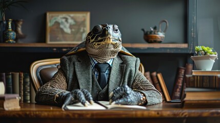 A turtle in a business suit sits confidently at an executive desk in a luxurious office. A turtle in a chic CEO outfit sits in an executive office with an antiquated and slow work concept. - obrazy, fototapety, plakaty