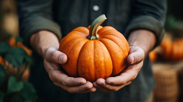 Close up of a person's hands holding a freshly picked pumpkin