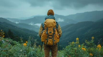 A young Asian man hiking in the mountains enjoys life. A young man hiking in the mountains is embracing the solitude that overcomes fear.
