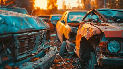 Sunset Over Abandoned Rusty Cars in Junkyard