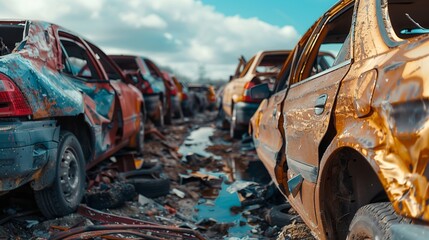 Damaged Cars Awaiting Dismantling in Scrapyard - obrazy, fototapety, plakaty