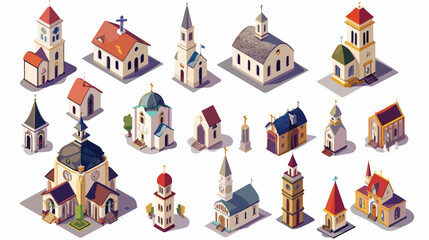 Church icon set. Isometric set of church vector ico