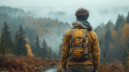 An adventurous man trekking explorer in the remote wilderness. Enjoy mountain life In hiking with a backpack back view