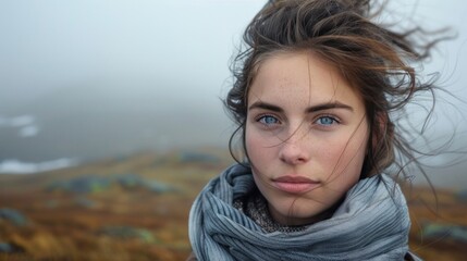 Fototapeta premium Picture of a woman with a picturesque backdrop on a mountain admiring the mountain view from an observation point. With her hair gently blowing in the mountain breeze.