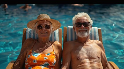Enjoy life with senior couple enjoying sea travel Happy retired elderly couple sunbathing on the beach on a leisurely vacation. - Powered by Adobe