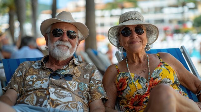 Enjoy life with senior couple enjoying sea travel Happy retired elderly couple sunbathing on the beach on a leisurely vacation.