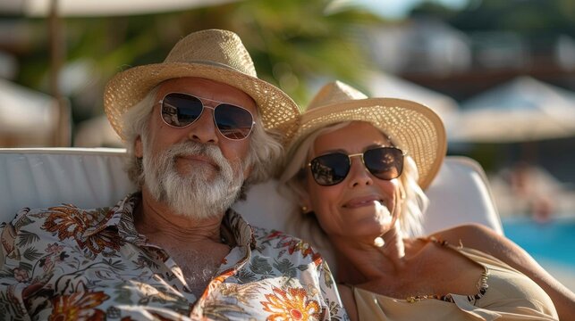 Enjoy life with senior couple enjoying sea travel Happy retired elderly couple sunbathing on the beach on a leisurely vacation.