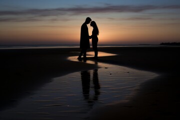 Fototapeta premium Lovers' shadows on a beach at twilight