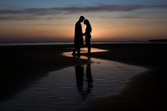 Lovers' shadows on a beach at twilight