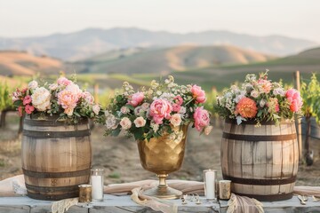 Classic vineyard wedding at sunrise, rolling hills, elegant long tables, wine barrel accents, and a soft, golden light illuminating the scene