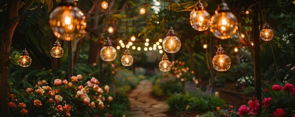 An enchanted garden wedding under a moonlit sky, with hundreds of hanging lanterns, vintage glass...