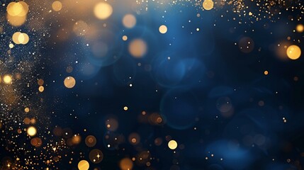 Obraz na płótnie Canvas An elegant abstract background that blends deep dark blue hues with shimmering golden particles. The scene is illuminated by Christmas golden lights, AI Generative