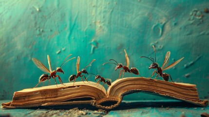 Five cheerful ants near one big book. Teal wall background