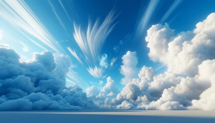 Radiant Blue Sky with Luminous Sunrays Breaking Through White Fluffy Clouds