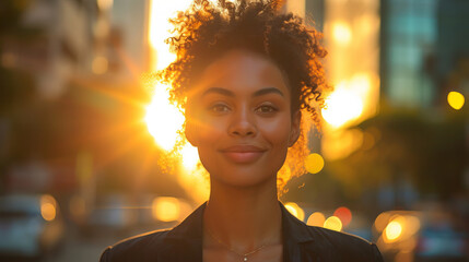 Happy wealthy black businesswoman, radiating success, poised amidst bustling city streets, skyscrapers towering at sunset, contemplative gaze fixed on distant horizons, AI Generative