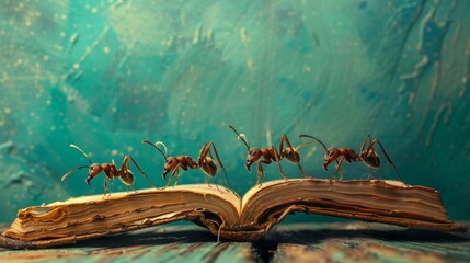 Five cheerful ants near one big book. Teal wall background