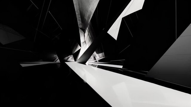 Striking monochrome photograph with stark white and black contrast. Geometric shapes like triangles and polygons form three-dimensional structures. 