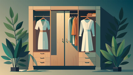 A charming scene of a wooden wardrobe adorned with leafshaped handles and filled with luxurious bamboo silk blouses linen trousers and hemp - obrazy, fototapety, plakaty