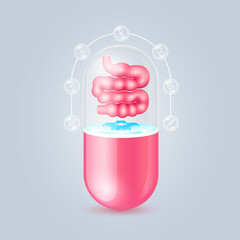 Small intestine floating on cross symbols medical in transparent pink capsule pill. Doctor, syringe, shield, and stethoscope icons are the periphery. Medical organ protection and health care. Vector.