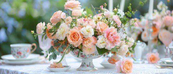Vintage English garden wedding, afternoon tea setting, floral china, lace tablecloths, and a sea of peonies and roses