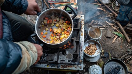 An overhead shot of a person using a homemade biofuel cooker with various natural ingredients and a large pot on the burner. In the corner a poster with the words Homemade Biofuel .