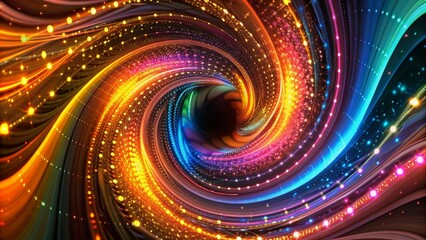 Abstract background with colorful light rays and glow effects in spiral shape