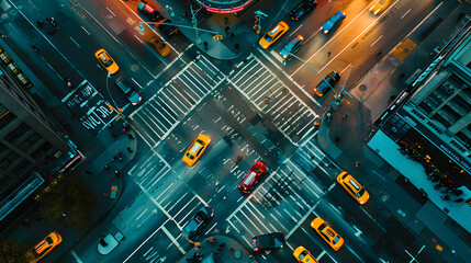Nighttime Aerial View of Busy urban City Street with Traffic and Pedestrians.  - obrazy, fototapety, plakaty
